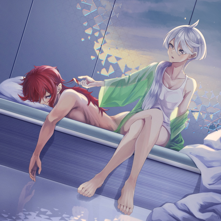 2girls, absurdres, barefoot, bed, breasts, doki_(oox3o), gundam, gundam_suisei_no_majo, highres, long_hair, medium_breasts, miorine_rembran, multiple_girls, nude, red_hair, sideboob, suletta_mercury, white_hair