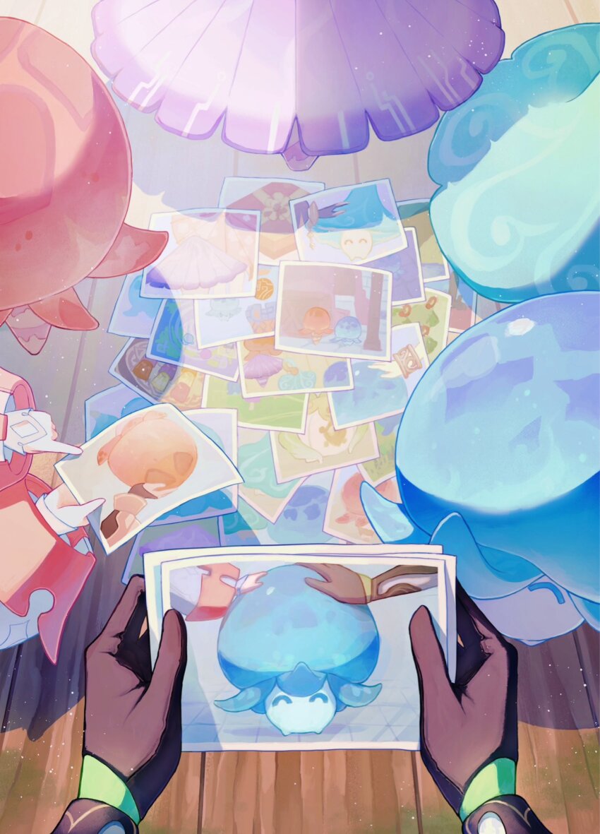 1boy, 1girl, ^_^, aether_(genshin_impact), black_gloves, closed_eyes, commentary_request, fungi_(genshin_impact)