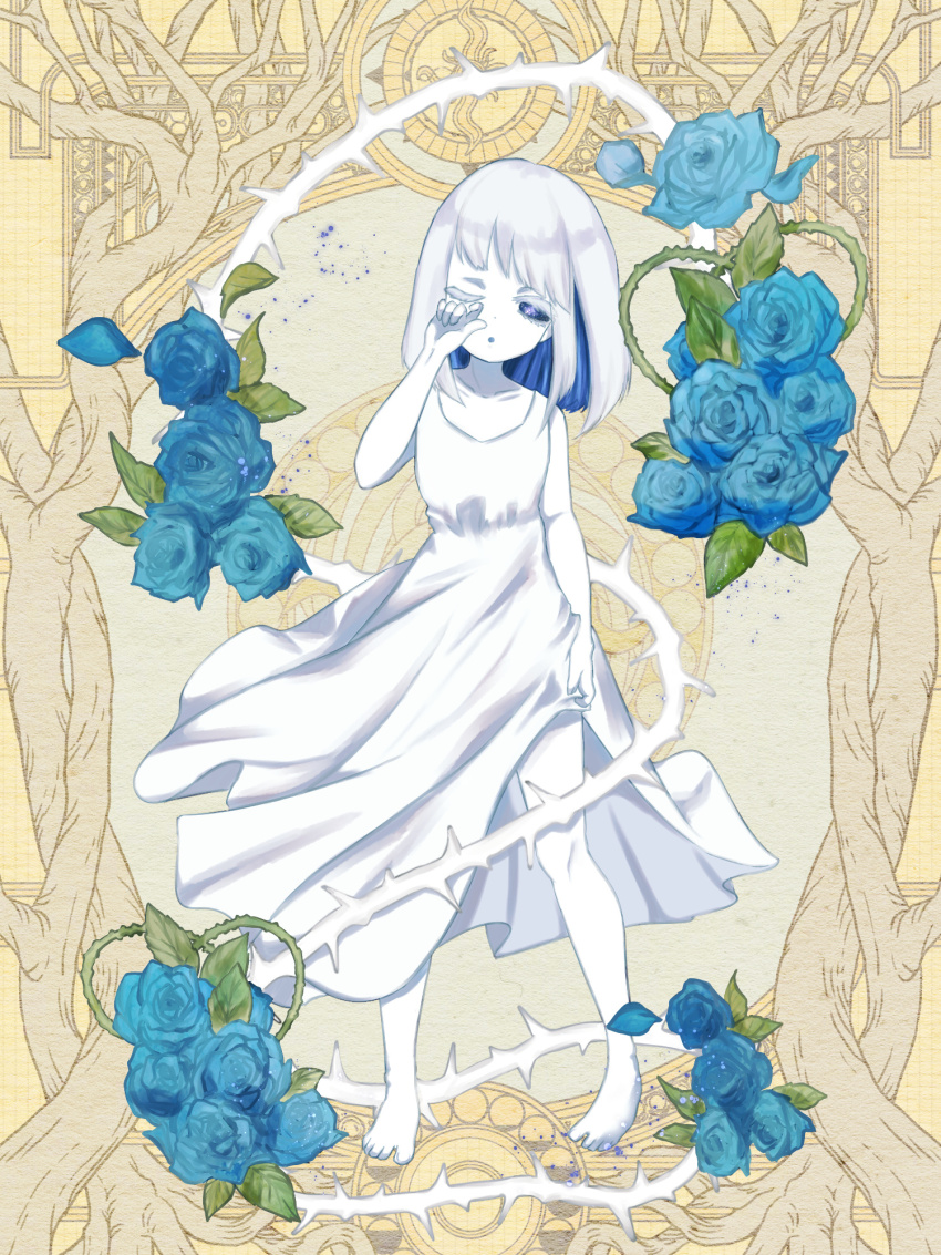 1girl, arm_at_side, barefoot, blue_eyes, blue_flower, blue_hair, blue_rose, blue_sclera, colored_inner_hair, colored_sclera, colored_skin, dairoku_ryouhei, dress, flower, full_body, hand_up, highres, idiot_blindness, looking_at_viewer, medium_hair, multicolored_hair, negitoro_gunkan, rose, sleeveless, sleeveless_dress, solo, standing, thorns, two-tone_hair, white_dress, white_hair, white_skin, yellow_background