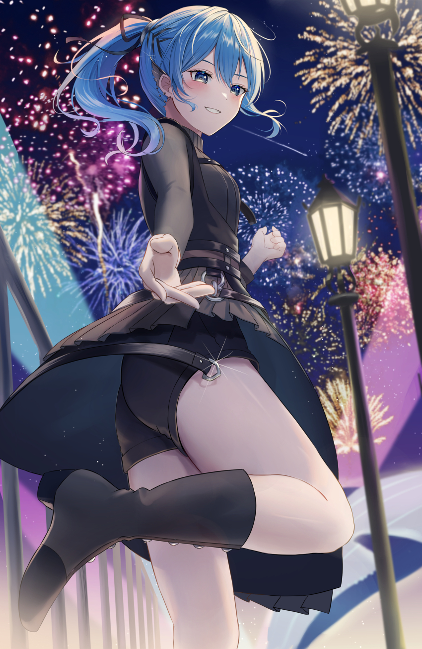 1girl, absurdres, ass, black_shirt, black_shorts, blue_eyes, blue_hair, earrings