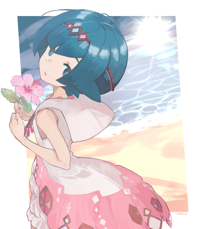 1girl, absurdres, beach, blue_eyes, blue_hair, flower, highres, holding, holding_flower, jewelry, lana_(pokemon), lana_(sygna_suit)_(pokemon), looking_at_viewer, necklace, nintendo, ocean, official_alternate_costume, parted_lips, pink_flower, pokemon, pokemon_masters_ex, signature, solo, sun, tyaui_(xjju4435)