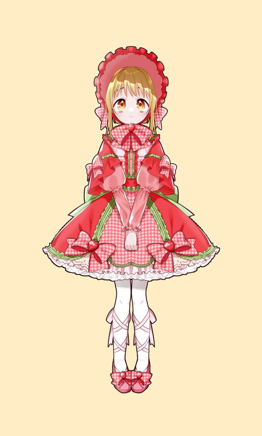 1girl, baby_(demotsu), blonde_hair, bonnet, bow, capelet, dress, frilled_bonnet