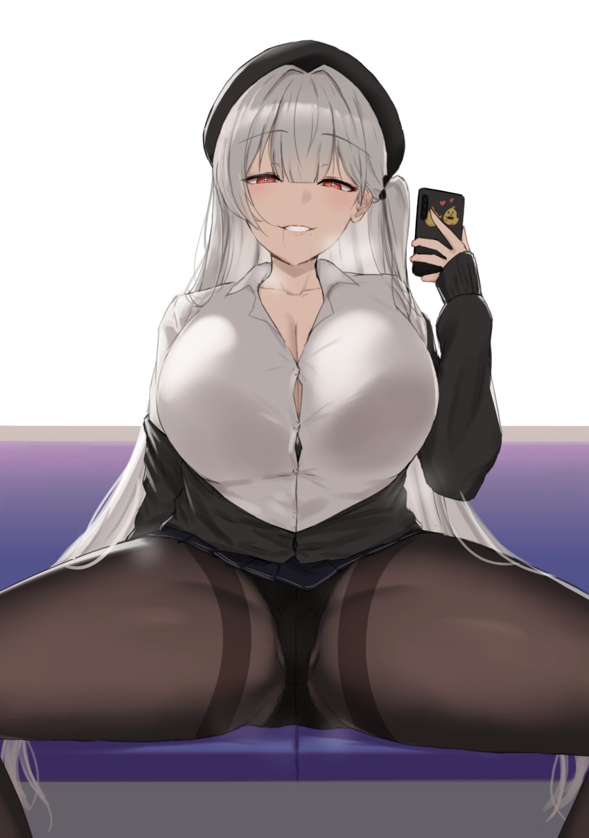 +_+, 1girl, absurdres, azur_lane, beret, black_bra, black_hat, black_jacket, black_panties, black_pantyhose, blunt_bangs, bra, bra_peek, breasts, cellphone, cleavage, collared_shirt, corrupted_file, cross-shaped_pupils, grey_hair, hair_between_eyes, hair_in_own_mouth, half-closed_eyes, hand_up, hat, highres, holding, holding_phone, huge_breasts, jacket, light_blush, long_hair, long_sleeves, looking_at_viewer, naughty_face, noe_(ppppriver), off_shoulder, official_alternate_costume, one_side_up, open_clothes, open_jacket, panties, panties_under_pantyhose, pantyhose, parted_lips, phone, pleated_skirt, red_eyes, scylla_(azur_lane), scylla_(femme_fatale_fresher)_(azur_lane), seductive_smile, shirt, sitting, skirt, smartphone, smile, solo, spread_legs, steaming_body, symbol-shaped_pupils, thick_thighs, thighs, underwear, white_shirt