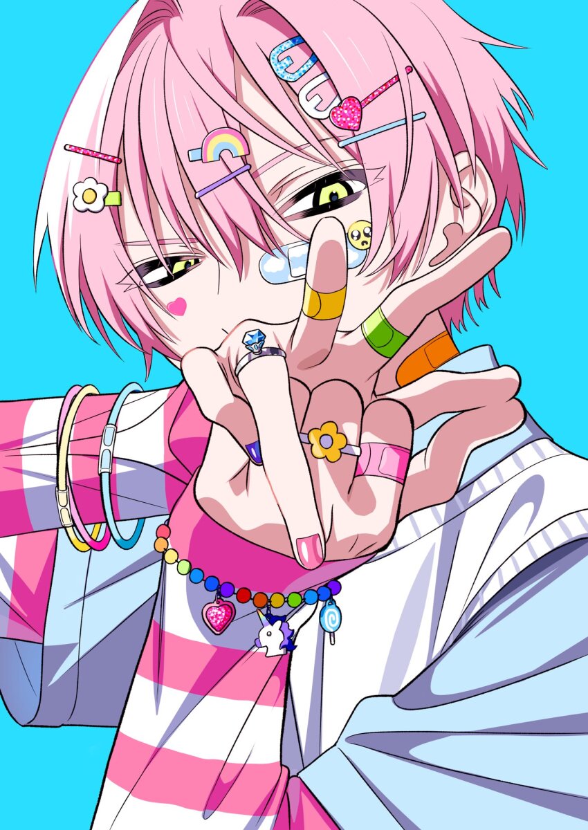 1boy, bandaid, bandaid_on_face, bandaid_on_hand, bandaid_on_neck, black_eyeliner, blue_background, blue_shirt