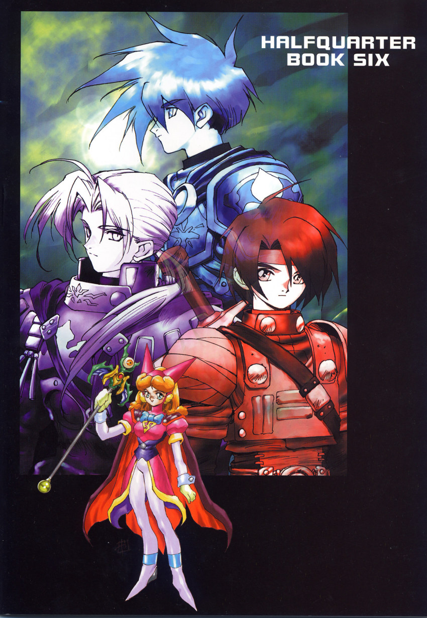 1girl, 3boys, ahoge, armor, bodysuit, breasts, bridget_(shining_force), camelot_software_planning, cloak, elf, english_text, everyone, gloves, green_eyes, hairband, highres, julian_(shining_force), long_hair, magician, medion, medium_breasts, multiple_boys, orange_hair, pants, pointy_ears, puffy_sleeves, scan, sega, shining_(series), shining_force_iii, short_hair, smile, staff, standing, sword, synbios, text_focus, warrior, weapon