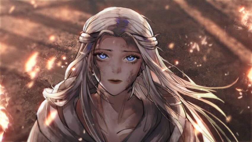 1girl, blue_eyes, capelet, closed_mouth, collarbone, dirty, dirty_face, embers