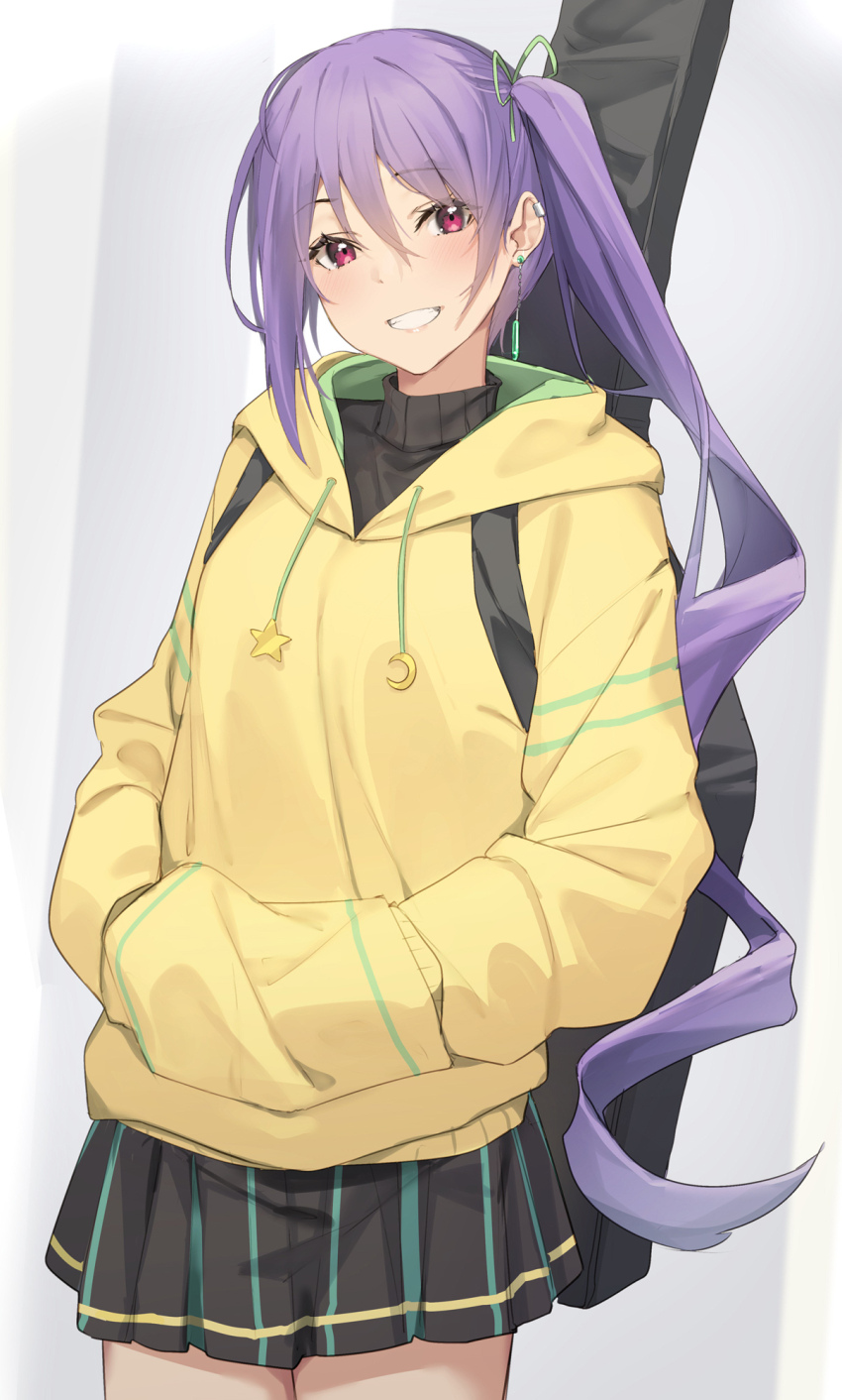 1girl, black_skirt, black_sweater, cowboy_shot, earrings, green_ribbon, grin, guitar, guitar_case, hair_between_eyes, hair_ribbon, hands_in_pockets, highres, hood, hoodie, instrument, instrument_case, jewelry, kaede_tomomi, long_hair, looking_at_viewer, miniskirt, pallad, pleated_skirt, purple_eyes, purple_hair, raramagi, ribbon, side_ponytail, single_earring, skirt, smile, solo, striped_clothes, striped_skirt, sweater, turtleneck, turtleneck_sweater, vertical-striped_clothes, vertical-striped_skirt, very_long_hair, yellow_hoodie