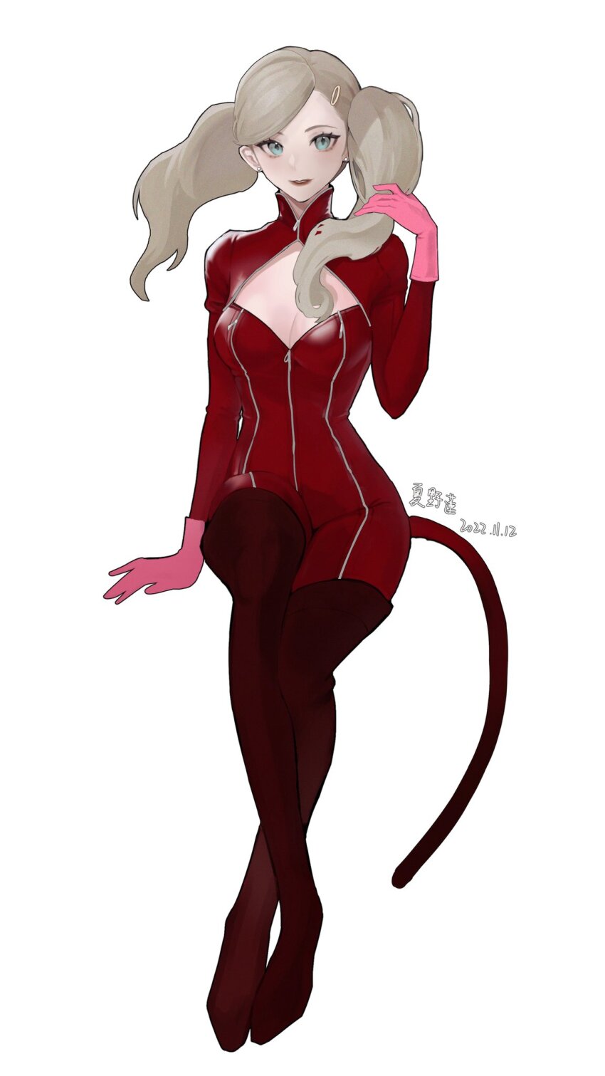 1girl, aqua_eyes, blonde_hair, bodysuit, boots, breasts, cat_tail, catsuit, cleavage, cleavage_cutout, clothing_cutout, crossed_legs, dated, fake_tail, full_body, gloves, hair_ornament, hairclip, hand_in_own_hair, highres, long_sleeves, looking_at_viewer, medium_breasts, natsunoren, panther_(persona_5), parted_lips, persona, persona_5, pink_gloves, red_bodysuit, red_boots, red_lips, sitting, solo, swept_bangs, tail, takamaki_anne, thigh_boots, twintails, white_background