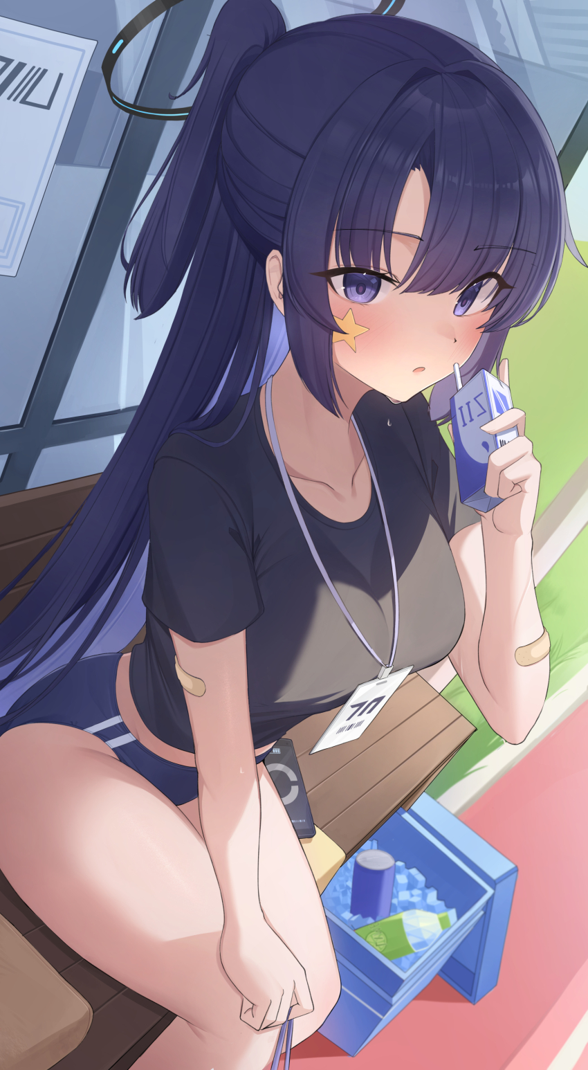 1girl, absurdres, bandaid, bandaid_on_arm, bench, black_shirt, blue_archive, blue_buruma