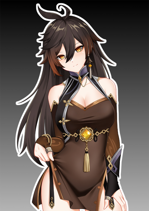 1girl, black_hair, breasts, bridal_gauntlets, china_dress, chinese_clothes, cleavage, clothes_lift, commentary_request, detached_sleeves, dress, dress_lift, eyeshadow, genderswap, genderswap_(mtf), genshin_impact, gradient_background, hair_between_eyes, kirilenko_(cgd), large_breasts, lifting_own_clothes, long_hair, long_sleeves, looking_at_viewer, makeup, medium_breasts, pencil_skirt, side_slit, sidelocks, simple_background, skirt, smile, solo, vision_(genshin_impact), yellow_eyes, zhongli_(genshin_impact)