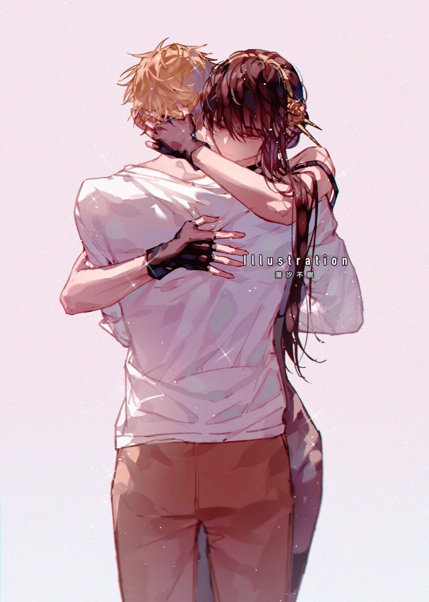 1boy, 1girl, bare_shoulders, black_dress, black_hair, chaoxibumian, dress, earrings