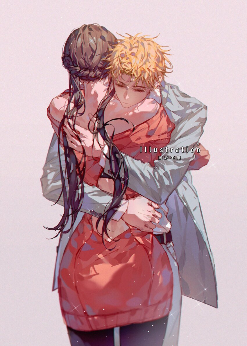 1boy, 1girl, black_hair, blonde_hair, chaoxibumian, couple, formal_clothes, green_suit