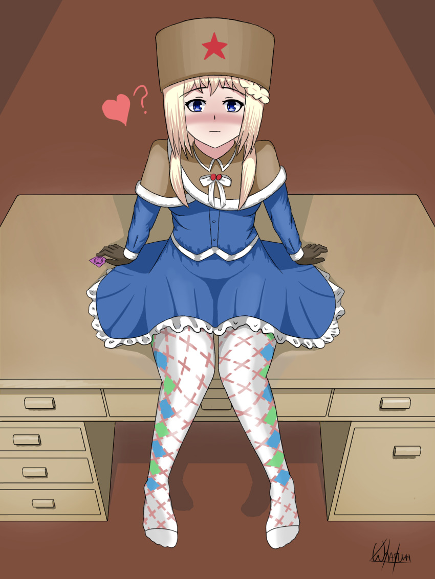 1girl, blonde_hair, blue_eyes, blush, condom, desk, fur_hat, girls'_frontline