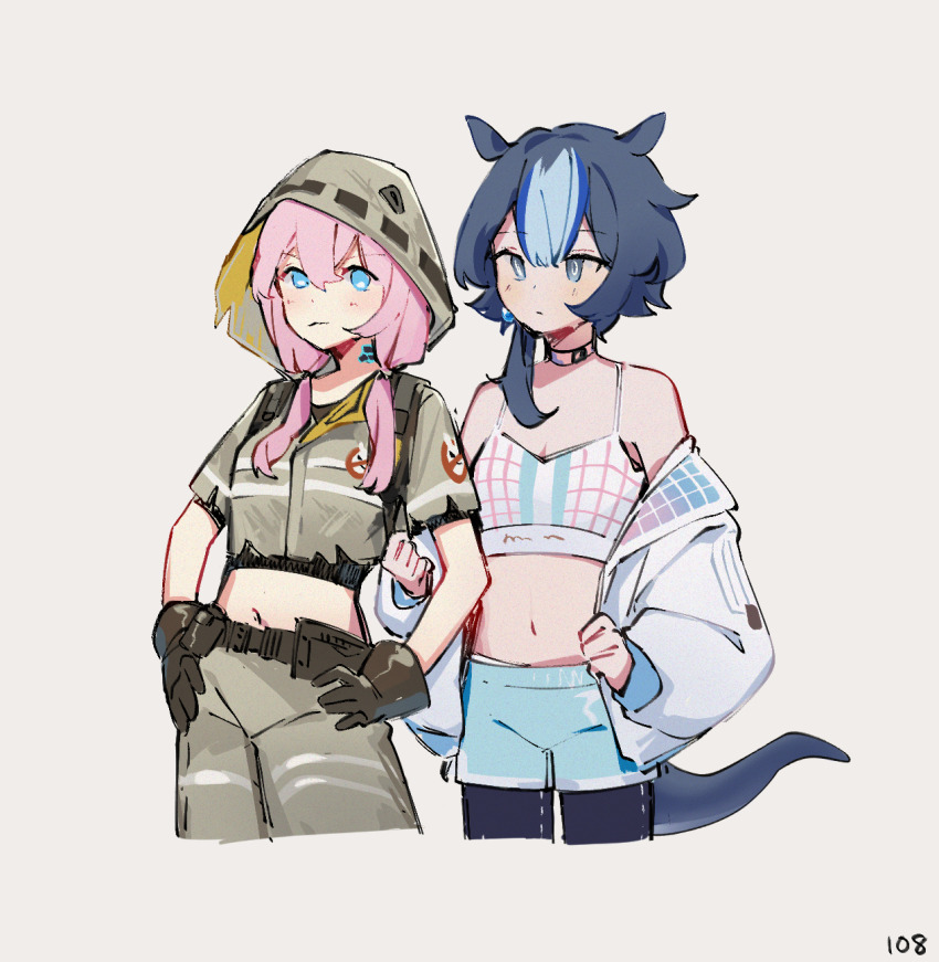 2girls, arknights, blue_eyes, blue_hair, blue_poison_(arknights), blue_poison_(arknights)_(cosplay), blue_poison_(shoal_beat)_(arknights), blue_shorts, brown_gloves, choker, cosplay, detached_hood, glaucus_(arknights), glaucus_(arknights)_(cosplay), glaucus_(exterminator_in_the_square)_(arknights), gloves, hair_between_eyes, highres, hood, hood_up, jacket, leggings, leggings_under_shorts, long_hair, low_twintails, midriff, multicolored_hair, multiple_girls, navel, o-ring, o-ring_choker, off_shoulder, official_alternate_costume, open_clothes, open_jacket, pink_choker, pink_hair, ruri_(dailybloopy), shorts, simple_background, slug_girl, spaghetti_strap, sports_bra, streaked_hair, twintails, white_background, white_jacket, white_sports_bra