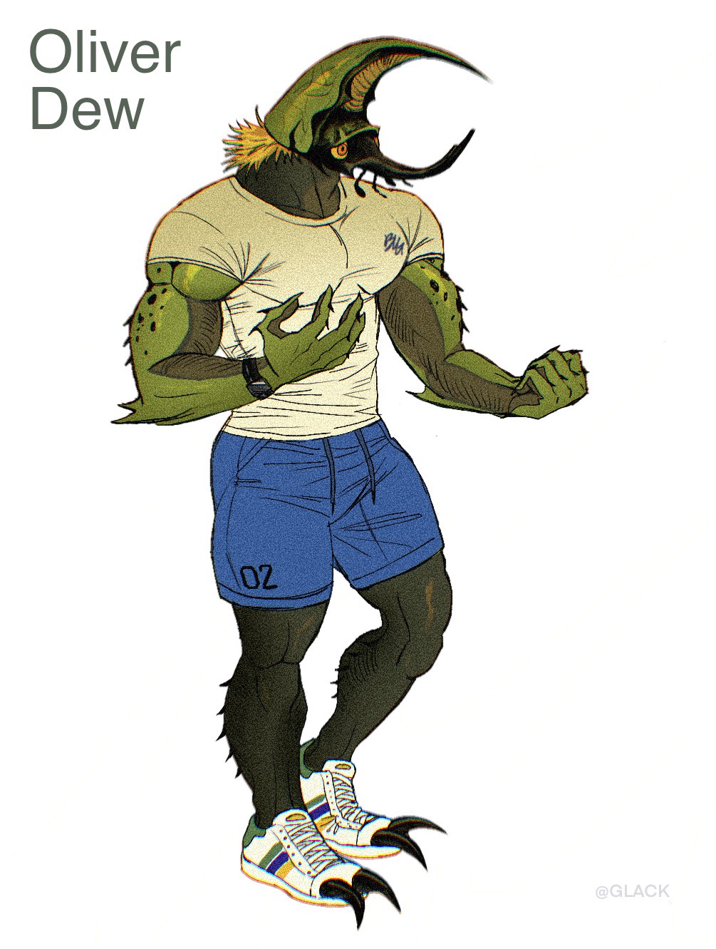 1boy, arthropod_boy, artist_request, bara, beetle_boy, biceps, blue_shorts, full_body