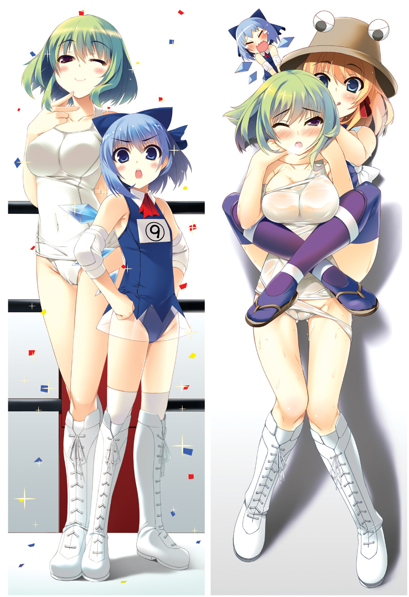 3girls, :q, adapted_costume, alternate_costume, amanooni_touri, bad_id, bad_pixiv_id, bare_shoulders, blonde_hair, blue_eyes, blue_hair, blush, boots, bow, breasts, breath, circled_9, cirno, confetti, elbow_pads, frown, green_hair, hair_bow, hands_on_own_hips, hat, headlock, kazami_yuuka, lace-up_boots, large_breasts, legs, licking_lips, moriya_suwako, multiple_girls, off_shoulder, one-piece_swimsuit, one_eye_closed, pigeon-toed, purple_eyes, purple_thighhighs, sandals, school_swimsuit, school_swimsuit_flap, see-through_clothes, sweat, swimsuit, thigh_gap, thighhighs, tongue, tongue_out, touhou, wavy_mouth, wet, wet_clothes, white_one-piece_swimsuit, white_school_swimsuit, wince, wink, wrestling, wrestling_outfit, wrestling_ring