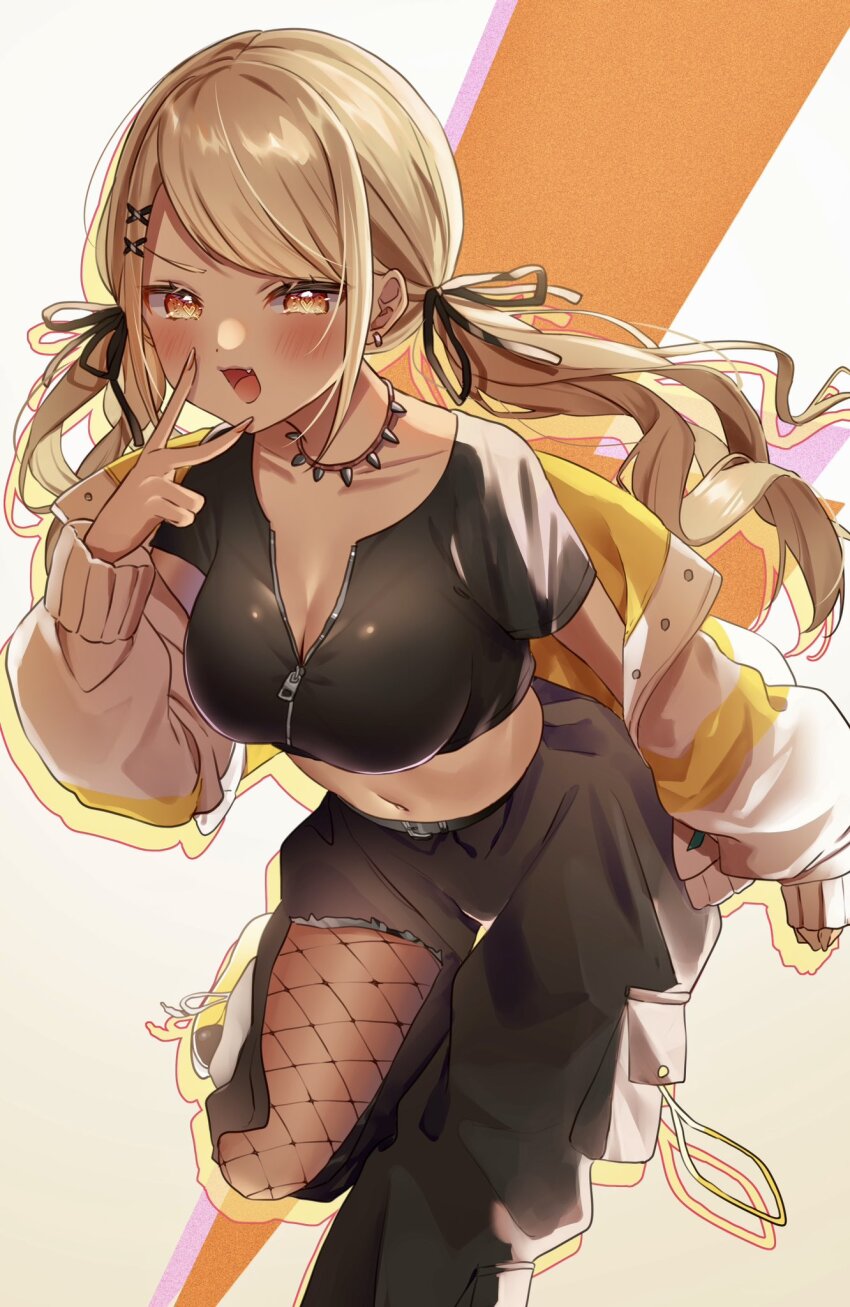 1girl, black_pants, black_ribbon, black_shirt, blonde_hair, breasts, cleavage, crop_top