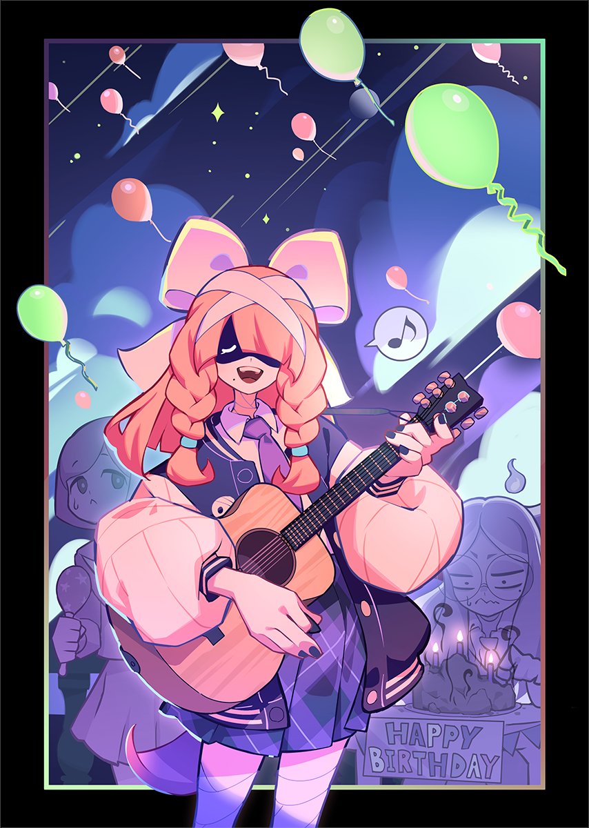 3girls, balloon, bandaged_head, bandaged_leg, bandages, birthday_cake, black_border, black_jacket