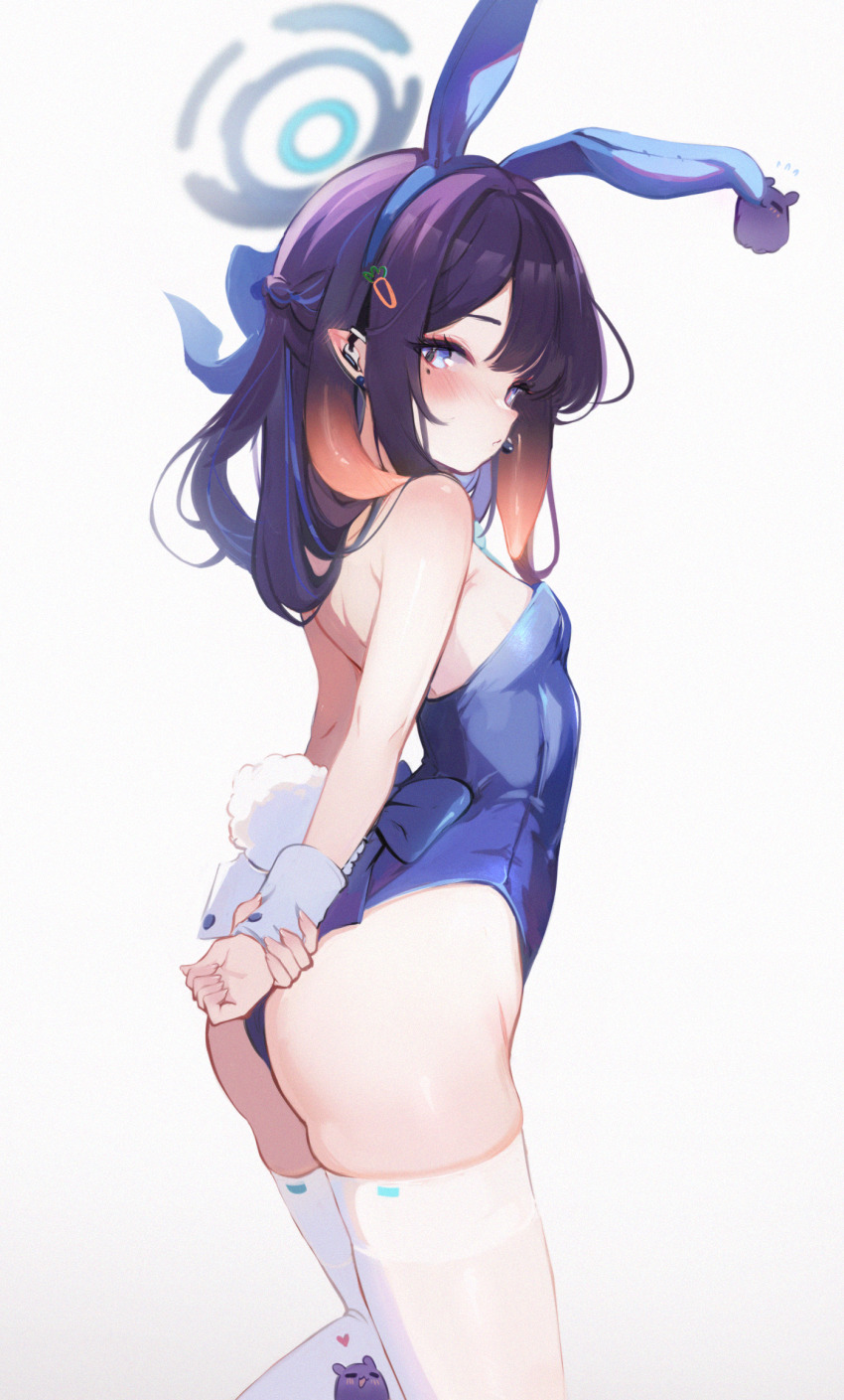 1girl, animal_ears, arms_behind_back, ass, blue_archive, blue_hairband, blue_leotard, blush, breasts, cosplay, ear_blush, earpiece, earrings, fake_animal_ears, fake_tail, gradient_hair, hairband, halo, heart, highleg, highleg_leotard, highres, hololive, hololive_english, jewelry, koahri, leotard, long_hair, looking_at_viewer, mole, mole_under_eye, multicolored_hair, ninomae_ina'nis, orange_hair, playboy_bunny, pointy_ears, purple_hair, rabbit_ears, rabbit_tail, skindentation, small_breasts, solo, strapless, strapless_leotard, tail, takodachi_(ninomae_ina'nis), tentacle_hair, tentacles, thighhighs, thighs, toki_(blue_archive), toki_(blue_archive)_(cosplay), toki_(bunny)_(blue_archive), virtual_youtuber, white_thighhighs, white_wrist_cuffs, wrist_cuffs