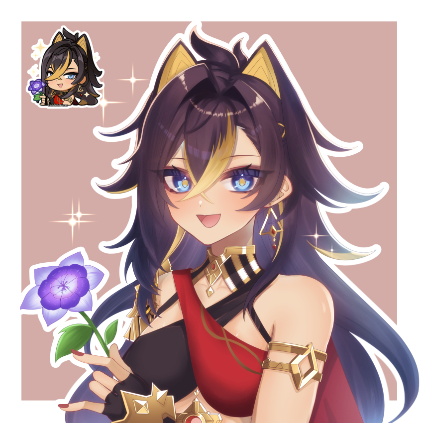 1girl, absurdres, black_gloves, black_hair, blonde_hair, blush, border, bracelet, brown_background, chibi, crop_top, dehya_(genshin_impact), derivative_work, earrings, eyeliner, fingerless_gloves, flower, genshin_impact, gloves, gold, hair_intakes, highres, hoyolab_sticker_redraw, jewelry, makeup, multicolored_hair, open_mouth, purple_flower, red_eyeliner, red_nails, screenshot_redraw, smile, sorase_muto, tan, white_border