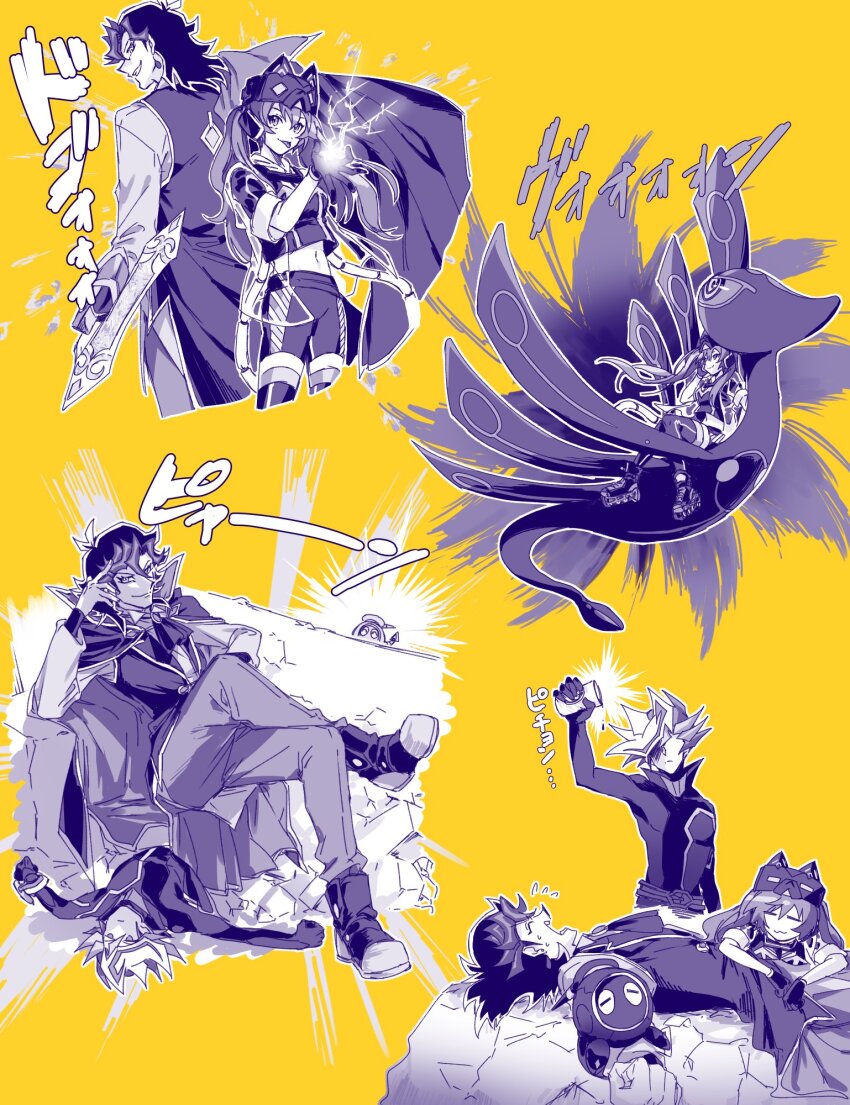 1girl, 2boys, :3, ai_(yu-gi-oh!), annotated, closed_eyes, crossed_legs, cup, danmari_@ignister, duel_disk, duel_monster, electricity, fujiki_yusaku, full_body, gloves, hat, highres, holding, holding_cup, i:p_masquerena, jacket, linkuriboh, long_hair, long_sleeves, lying, midriff, multiple_boys, navel, on_back, playmaker_(yu-gi-oh!), pouring, riding, shoes, short_sleeves, shorts, sleeveless, sleeveless_jacket, sosamoto_(tvny2528), tongue, tongue_out, twintails, yu-gi-oh!