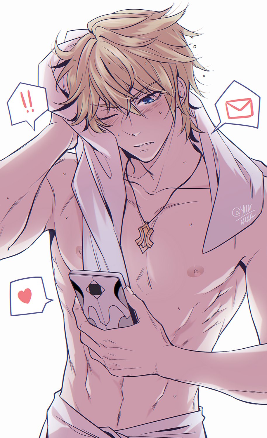 !, !!, 1boy, abs, after_bathing, blonde_hair, blue_eyes, blush, closed_mouth, commentary, english_commentary, gepard_landau, ginsan, hair_between_eyes, heart, highres, holding, holding_phone, honkai:_star_rail, honkai_(series), jewelry, looking_at_phone, male_focus, necklace, nipples, one_eye_closed, pectorals, phone, signature, simple_background, solo, speech_bubble, topless_male, towel, upper_body, v-shaped_eyebrows, wet, white_background
