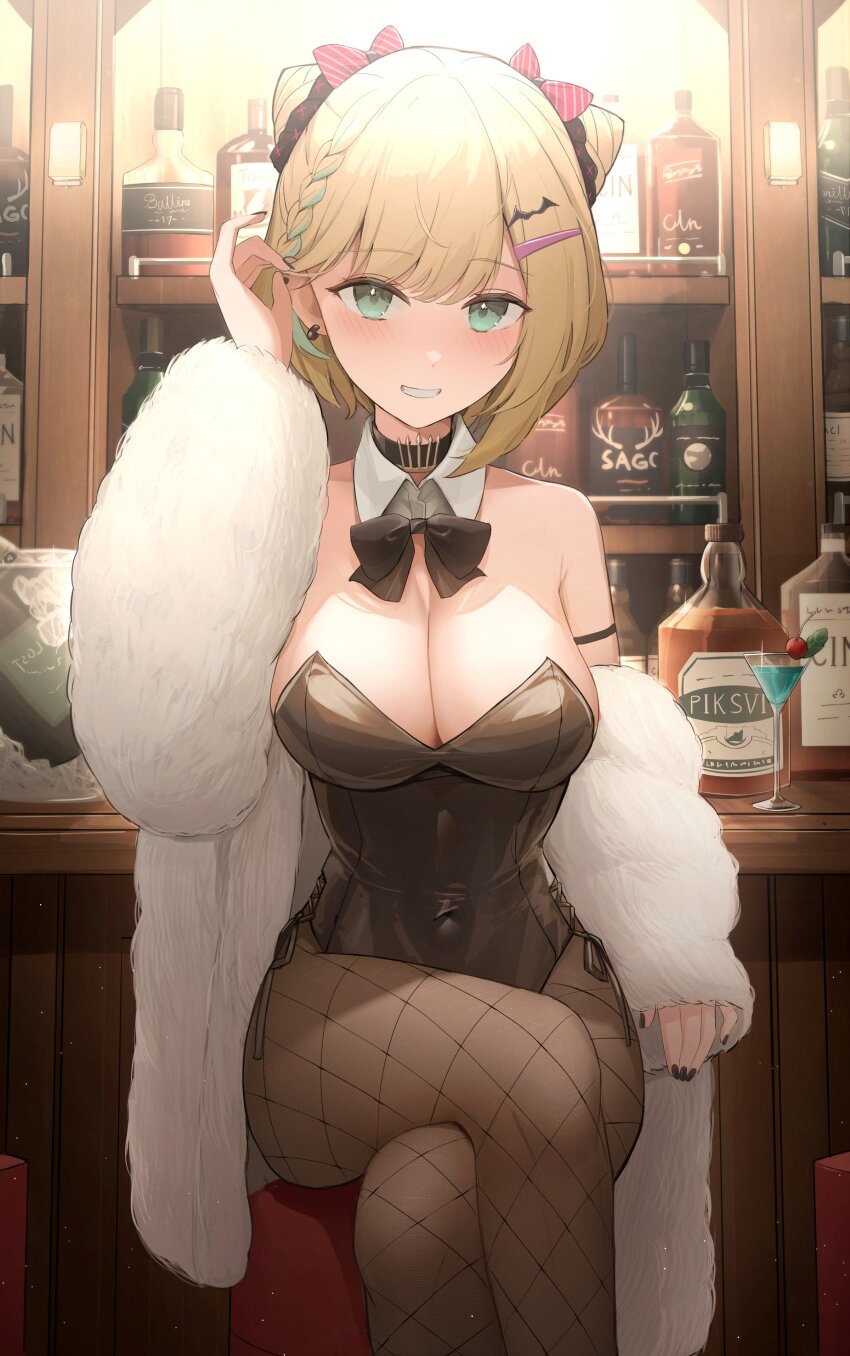 1girl, absurdres, alcohol, bar_(place), bare_shoulders, bat_hair_ornament, black_bow, black_bowtie, black_choker, black_leotard, black_nails, blonde_hair, blush, bow, bowtie, breasts, choker, cleavage, coat, cocktail_glass, commentary, cone_hair_bun, covered_navel, crossed_legs, cup, detached_collar, drinking_glass, ear_piercing, fishnet_pantyhose, fishnets, fur_coat, green_eyes, green_hair, gyudon_uma, hair_bow, hair_bun, hair_ornament, tucking_hair, hairclip, highres, kurumi_noah, large_breasts, leotard, looking_at_viewer, multicolored_hair, off_shoulder, pantyhose, piercing, shelf, short_hair, sitting, smile, solo, strapless, strapless_leotard, teeth, virtual_youtuber, vspo!