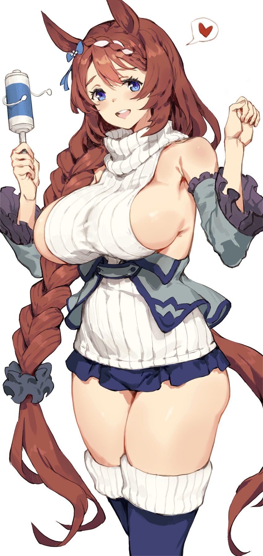 1girl, :d, absurdres, animal_ears, blue_eyes, blue_thighhighs, blush, bow