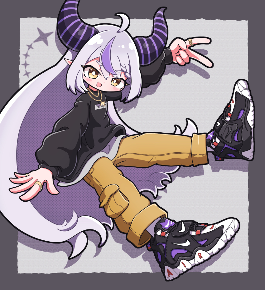 1girl, :d, ahoge, alternate_costume, black_horns, black_sweater, blush_stickers, braid