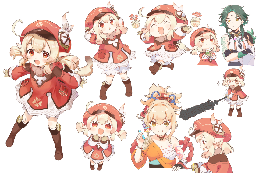 1boy, 2girls, :d, :q, ^_^, absurdres, arm_tattoo, armor, arms_behind_head, backpack, bag, bead_necklace, beads, black_gloves, blonde_hair, bloomers, boots, bracelet, brown_footwear, brown_gloves, brown_scarf, newsboy_cap, chest_tattoo, chipochopo324, choker, closed_eyes, clover_print, club_(weapon), coat, commentary_request, crayon, debate_club_(genshin_impact), dodoco_(genshin_impact), drawing, facial_mark, flower, forehead_mark, full_body, genshin_impact, giving, gloves, green_hair, hadanugi_dousa, hair_between_eyes, hair_ornament, hat, hat_feather, hat_ornament, highres, holding, holding_club, holding_crayon, holding_flower, japanese_clothes, jewelry, jumpy_dumpty, kimono, klee_(genshin_impact), knee_boots, kneehighs, leaning_forward, long_hair, long_sleeves, looking_at_another, looking_at_viewer, low_twintails, multiple_girls, necklace, obi, obiage, open_kimono, open_mouth, outstretched_arms, parted_bangs, pendant_choker, pocket, pointy_ears, ponytail, prayer_beads, randoseru, red_choker, red_coat, red_eyes, red_headwear, rope, running, sarashi, sash, scarf, shimenawa, short_kimono, short_yukata, shoulder_armor, sidelocks, simple_background, smile, socks, spread_arms, tasuki, tattoo, tongue, tongue_out, trembling, twintails, underwear, weapon, white_bloomers, wide_sleeves, xiao_(genshin_impact), yellow_eyes, yoimiya_(genshin_impact), yukata