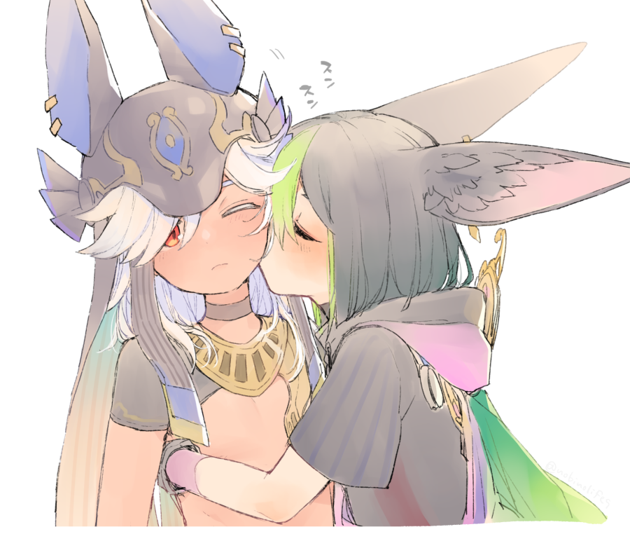2boys, ancient_egyptian_clothes, animal_ear_fluff, animal_ears, animal_hat, black_choker, black_hair, black_headwear, choker, closed_eyes, cyno_(genshin_impact), dark-skinned_male, dark_skin, fox_boy, fox_ears, genshin_impact, green_hair, grey_hair, hair_between_eyes, hat, hood, hood_down, hug, long_hair, male_focus, multicolored_hair, multiple_boys, nobinolifes, one_eye_closed, red_eyes, short_sleeves, simple_background, smelling, tighnari_(genshin_impact), upper_body, white_background, white_hair, yaoi