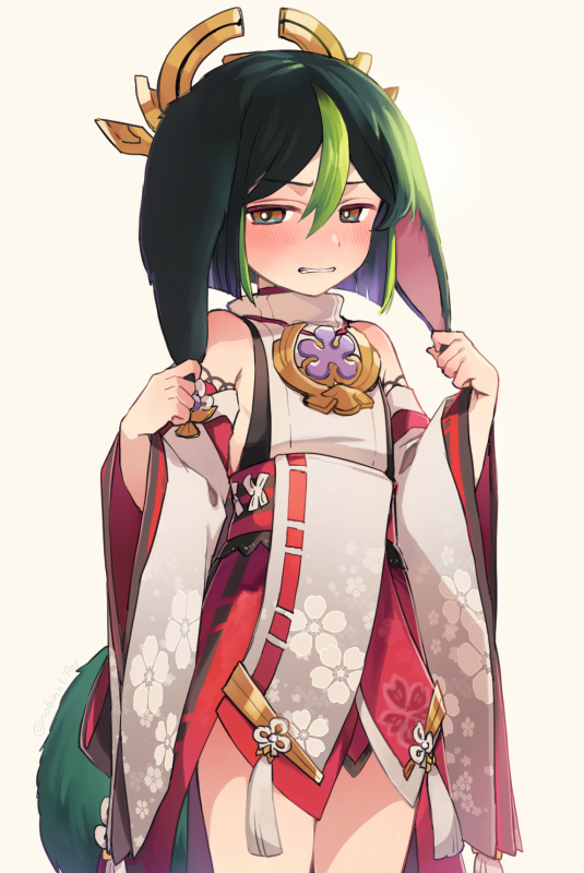 1boy, animal_ears, bare_shoulders, black_hair, blush, clenched_teeth, cosplay, crossdressing