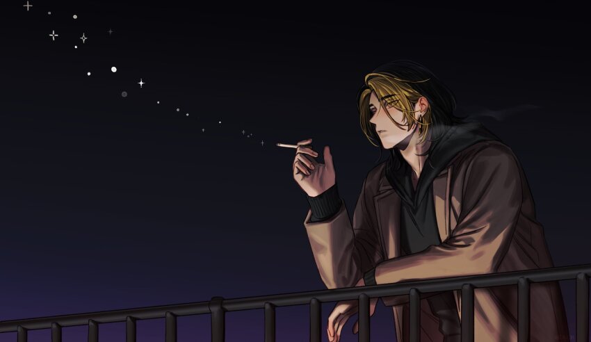 100dnch, 1boy, black_hair, black_jacket, blonde_hair, brown_jacket, cigarette, cowboy_shot, earrings, hanma_shuuji, highres, holding, holding_cigarette, hood, hood_down, hooded_jacket, jacket, jewelry, long_hair, long_sleeves, looking_away, male_focus, multicolored_hair, night, outdoors, parted_lips, single_earring, sleeves_past_wrists, solo, standing, tokyo_revengers, two-tone_hair, yellow_eyes
