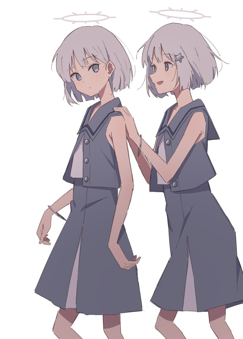 2girls, bangle, behind_another, blunt_ends, bob_cut, bracelet, bright_pupils, closed_mouth