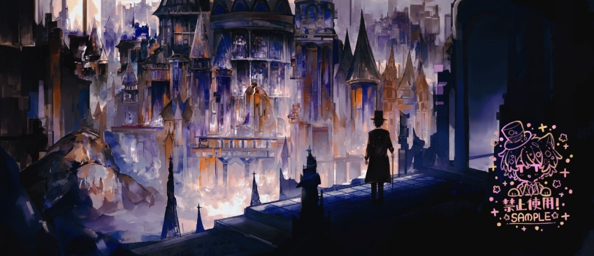 1boy, black_hair, black_headwear, black_jacket, black_pants, building, cane, chinese_commentary