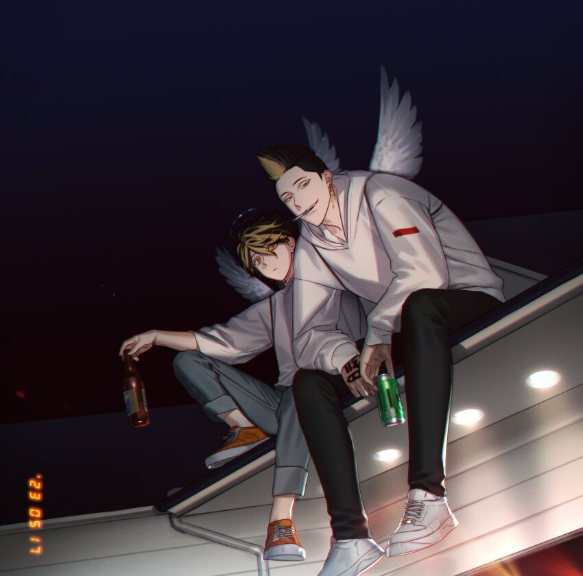 100dnch, 2boys, angel_wings, black_hair, black_pants, blonde_hair, bottle, can, cigarette, earrings, full_body, grey_pants, hand_tattoo, hanemiya_kazutora, hanma_shuuji, highres, holding, holding_bottle, holding_can, hood, hood_down, hoodie, jacket, jewelry, long_sleeves, looking_at_viewer, male_focus, mole, mole_under_eye, mouth_hold, multicolored_hair, multiple_boys, night, orange_shoes, outdoors, pants, shirt, shoes, short_hair, single_earring, sitting, sleeves_past_wrists, smile, spiked_hair, tattoo, tokyo_revengers, tsurime, two-tone_hair, white_footwear, white_hoodie, white_shirt, wings, yellow_eyes