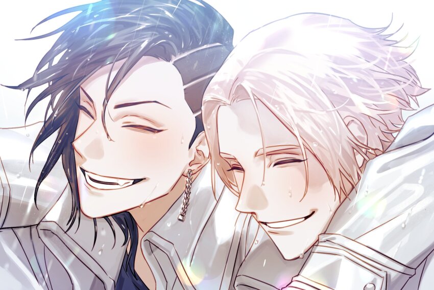 100dnch, 2boys, ^_^, asymmetrical_hair, black_hair, black_shirt, blonde_hair, burn_scar