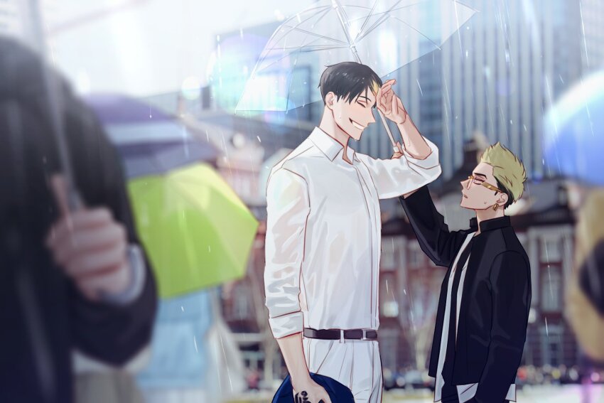 100dnch, 2boys, ^_^, belt, black_belt, black_hair, black_jacket, blonde_hair