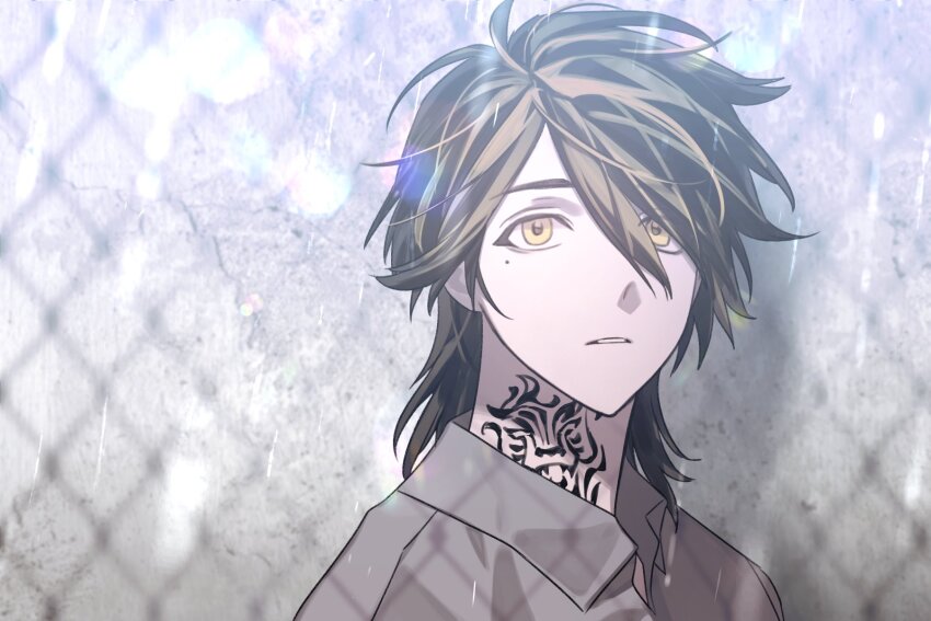 100dnch, 1boy, black_hair, blonde_hair, collared_shirt, grey_shirt, hanemiya_kazutora, highres