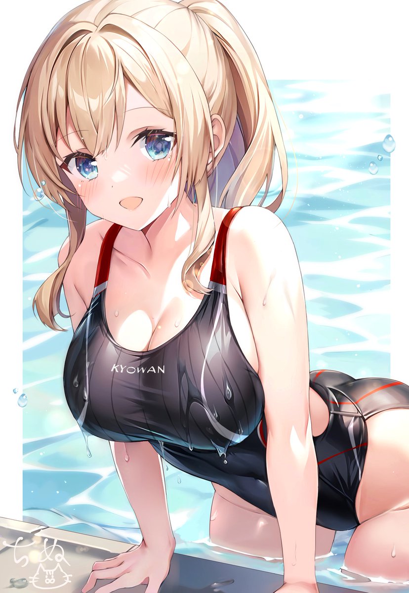 1girl, :d, alice_gear_aegis, ass, black_one-piece_swimsuit, blonde_hair, blue_eyes, blush