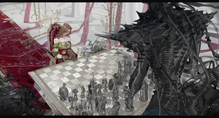 absurdres, armor, bare_shoulders, bearer_of_the_curse, brown_gloves, brown_hair, chessboard, dark_souls_(series), dark_souls_ii, dragonrider_(dark_souls), dress, emerald_herald, gloves, green_dress, highres, looking_glass_knight, monster, nashandra, nslacka, polearm, shield, sitting, velstadt_the_royal_aegis, vendrick_(dark_souls), weapon