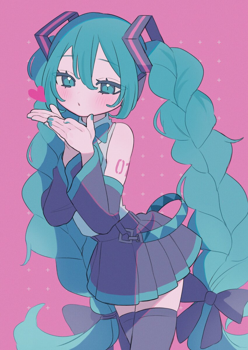 1girl, absurdres, aqua_eyes, aqua_hair, aqua_nails, aqua_skirt, arm_tattoo, black_skirt