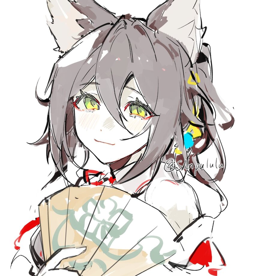 1girl, animal_ears, blush, brown_hair, china_dress, chinese_clothes, closed_mouth, dress, fox_ears, fox_girl, green_eyes, hand_fan, highres, holding, holding_fan, honkai:_star_rail, honkai_(series), light_brown_background, long_hair, ponytail, san_ystr, sketch, smile, solo, tingyun_(harmony)_(honkai:_star_rail), tingyun_(honkai:_star_rail), twitter_username