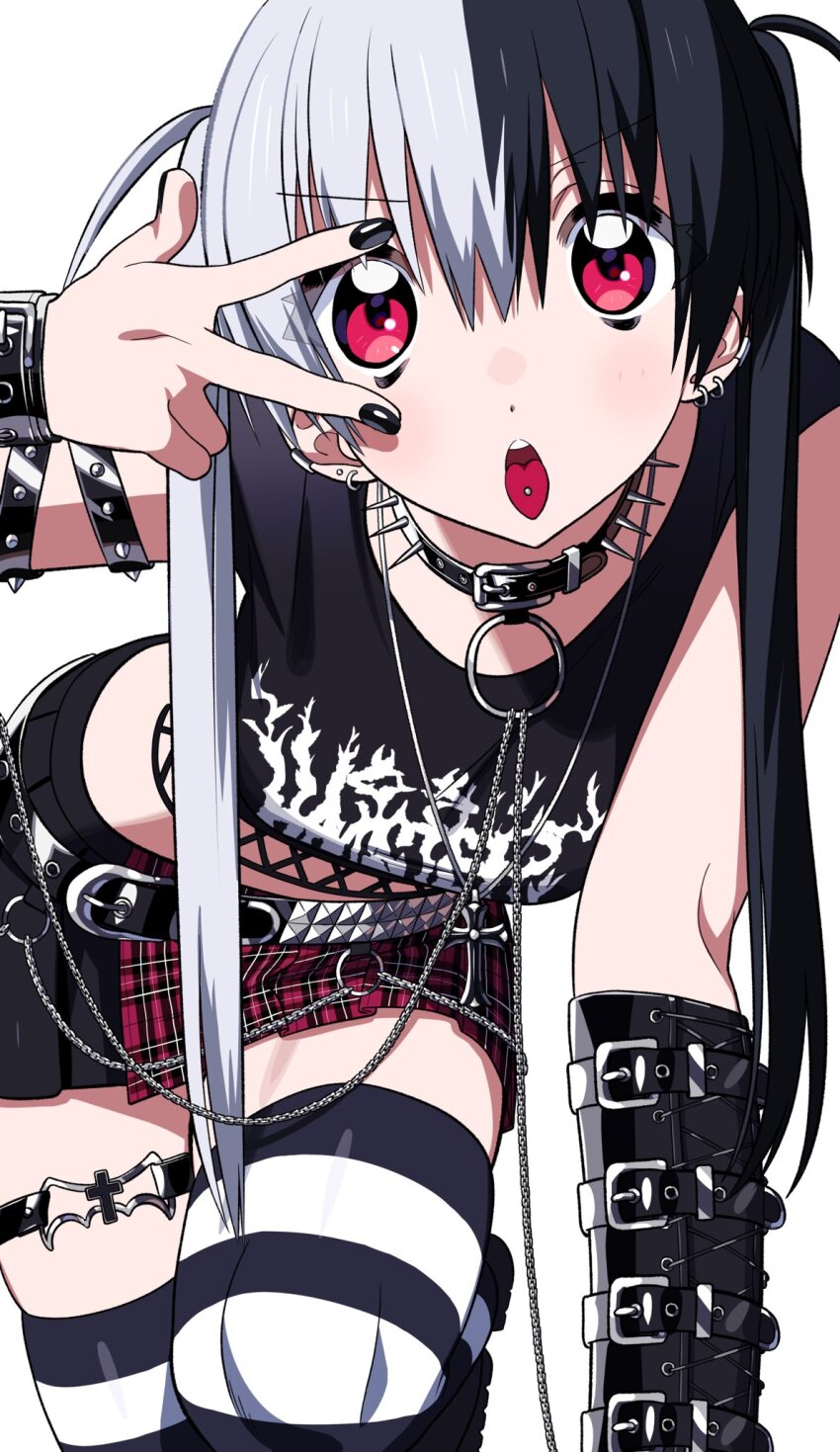 1girl, black_hair, bracelet, collar, crop_top, cross, ear_piercing, earrings, goth_fashion, highres, jewelry, miniskirt, multicolored_hair, nail_polish, neguko, original, pale_skin, piercing, pink_eyes, punk, skirt, solo, spiked_collar, spikes, split-color_hair, striped_clothes, striped_thighhighs, thighhighs, thighs, tongue, tongue_out, tongue_piercing, v, white_hair