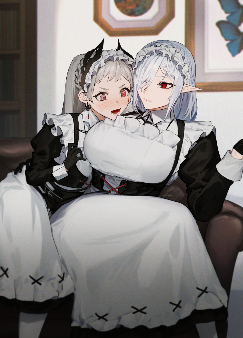 2girls, absurdres, apron, arknights, black_dress, black_gloves, blush, breast_envy