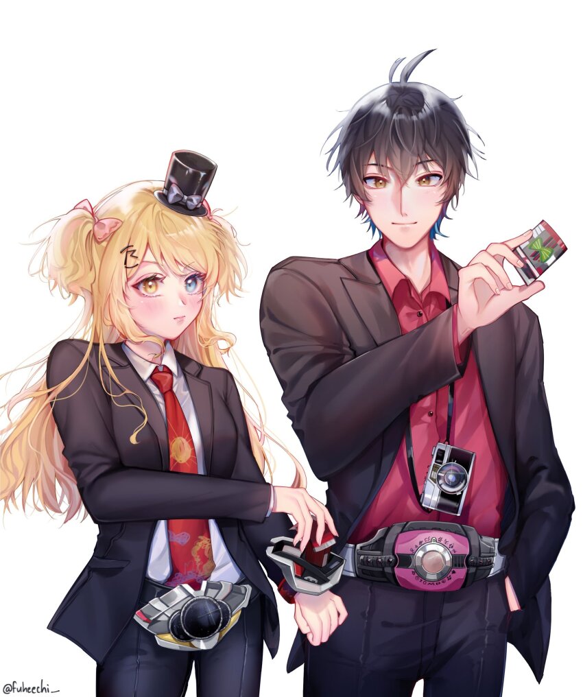 1boy, 1girl, belt, black_hair, black_jacket, black_pants, blonde_hair, blue_eyes