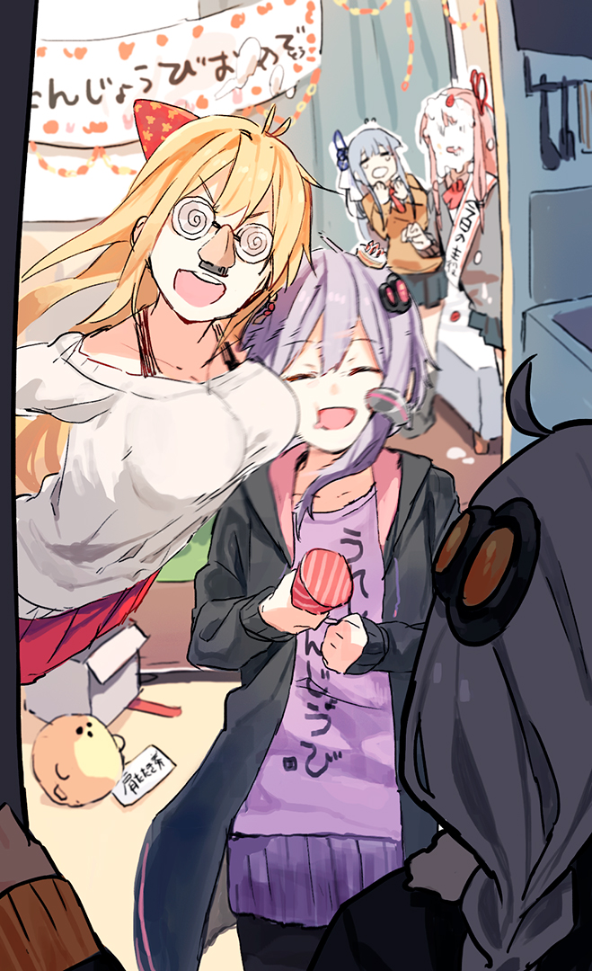 5girls, ahoge, antenna_hair, apartment, birthday_party, birthday_sash, black_jacket, black_skirt