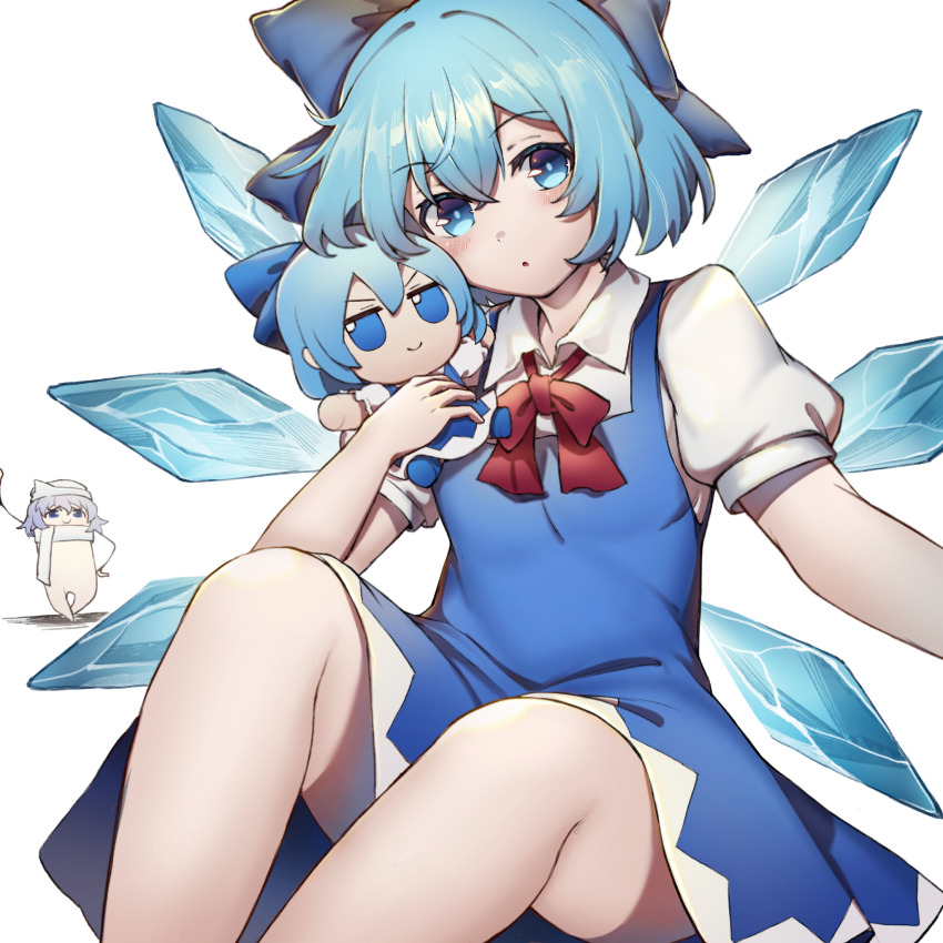 1girl, bare_legs, blue_bow, blue_dress, blue_eyes, blue_hair, blush, bow