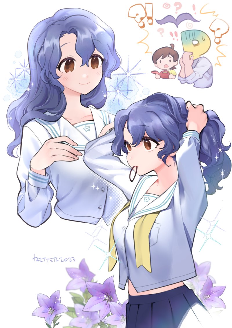 !?, 1boy, 2girls, ?, arms_up, bettermenty, blue_hair, blue_skirt, blush, breasts, cropped_torso, dark_blue_hair, idolmaster, idolmaster_million_live!, idolmaster_million_live!_theater_days, kinoshita_hinata, large_breasts, long_hair, midriff_peek, mouth_hold, multiple_girls, multiple_views, p-head_producer, pleated_skirt, producer_(idolmaster), rubber_band, school_uniform, serafuku, shirt, skirt, smile, surprised, toyokawa_fuka, tying_hair, white_shirt