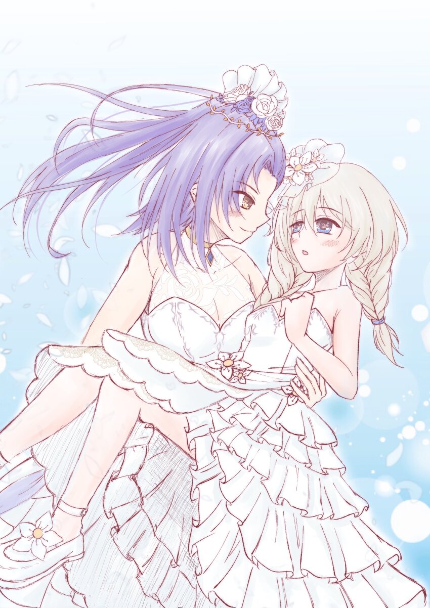 2girls, ankle_strap, armpit_crease, assault_lily, asymmetrical_bangs, bare_arms, bare_shoulders, blue_background